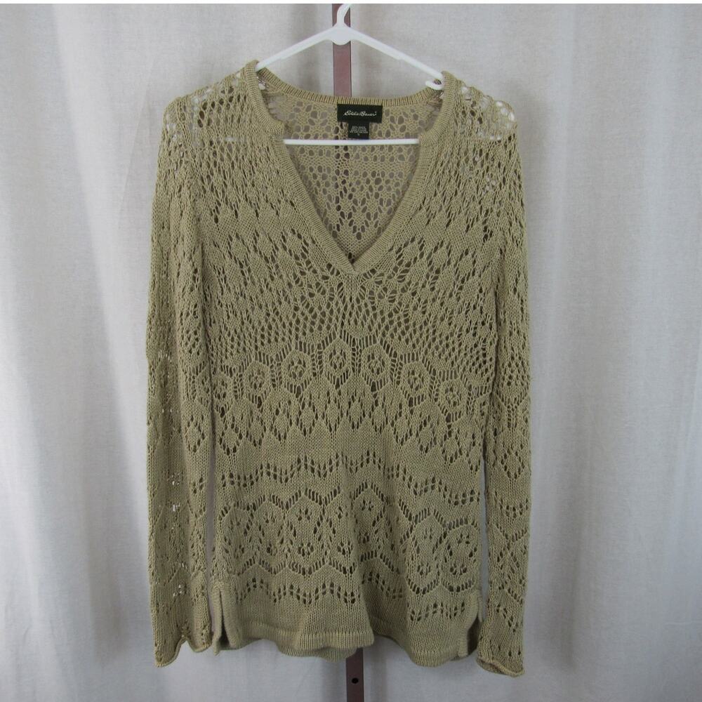 Eddie Bauer Small Tan Khaki Color Open Knit Crocheted Long Sleeve V Neck Gold